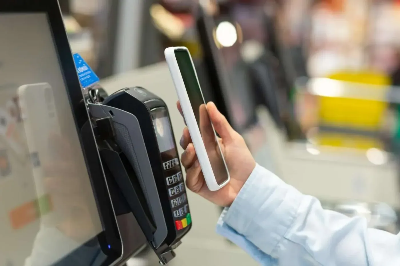 A POS counter with receipt printer, barcode scanner and cash drawer